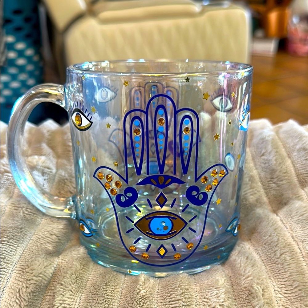 Mystical Blue Hamsa 🪬 🧿  embellished Glass Mug